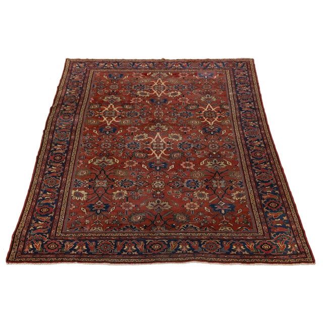 Cream 9 X 12 Vintage Mahal Wool Rug - Terracotta and Indigo Floral Medallion Motif For Sale - Image 8 of 10