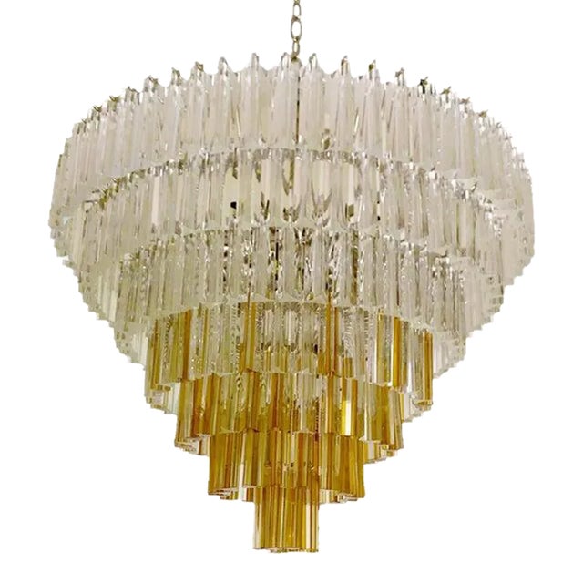 Large Early 21st Century Clear and Amber “Triedro” Murano Glass Chandelier For Sale