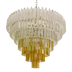 Large Early 21st Century Clear and Amber “Triedro” Murano Glass Chandelier
