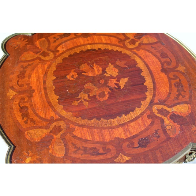 Bronze French Louis XV Revival Style Parquetry & Gilt Metal Accent Table, Mid 20th Century For Sale - Image 8 of 15