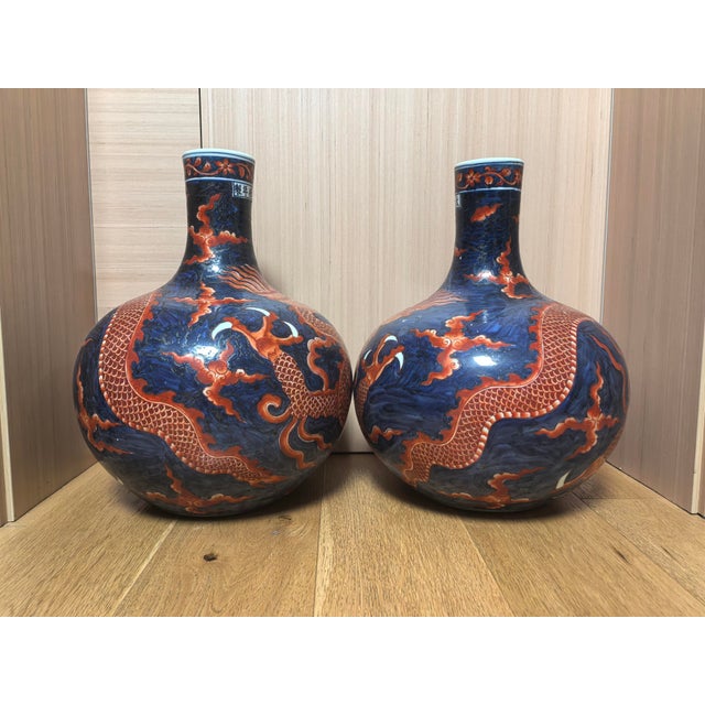 Ceramic A Pair of Chinese Ceramic Vase Ming Dynasty Xuande Marked Blue Ground Famille Verte Porcelain Tianqiu Vase Hand Painted Dragon Pattern For Sale - Image 7 of 16
