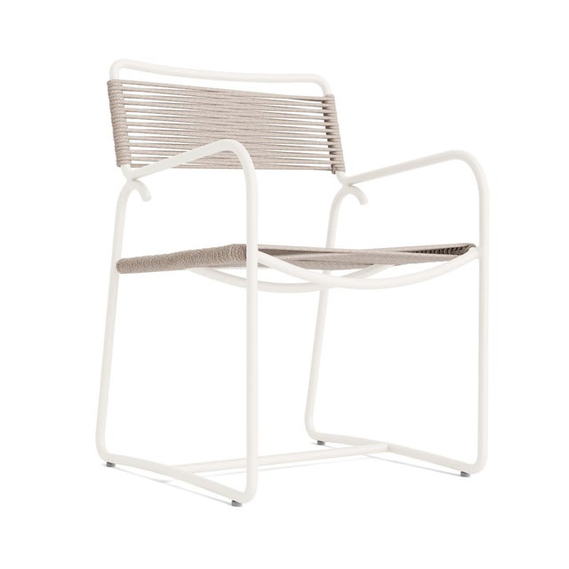 Brown Jordan Walter Lamb Aluminum Arm Chair in Chalk with Pebble Strapping For Sale