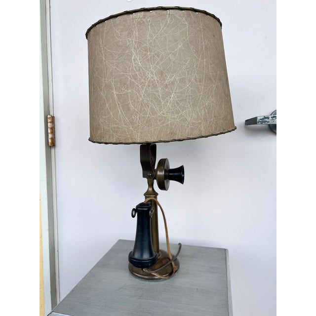 Brass Vintage Candlestick Telephone Brass Table Lamp With Shade For Sale - Image 8 of 11