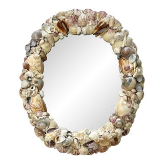 Vintage Coastal Oval Shell Encrusted Mirror For Sale