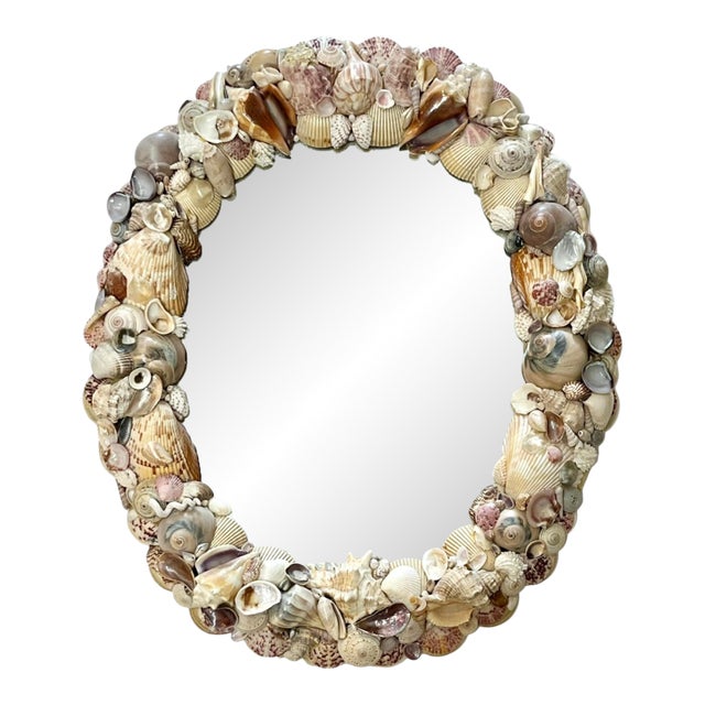 Vintage Coastal Oval Shell Encrusted Mirror For Sale
