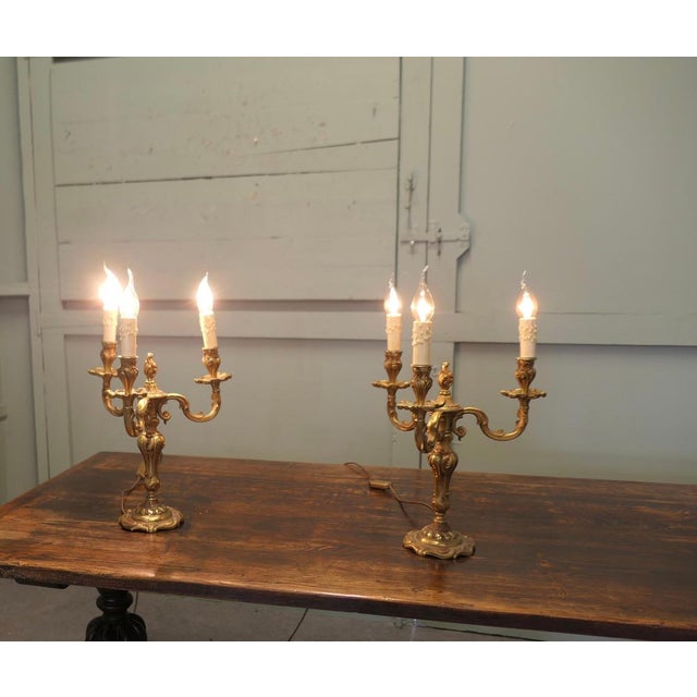 Rococo Large Brass Three Branch Table Lamps Candelabra, 1930, Set of 2 For Sale - Image 3 of 9