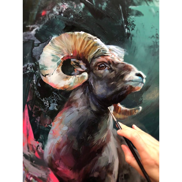 Contemporary The Rocky Mountain Bighorn Sheep by Lindsey Kustusch | Oil on wood panel of a bighorn sheep among flowers For Sale - Image 3 of 4