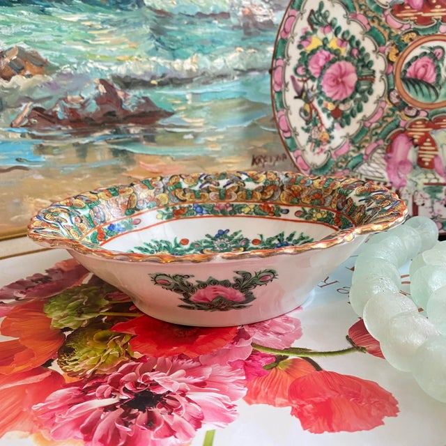 Vintage 1920s Chinoiserie Famille Rose Thousand Butterflies China Oval Bowl For Sale - Image 9 of 10