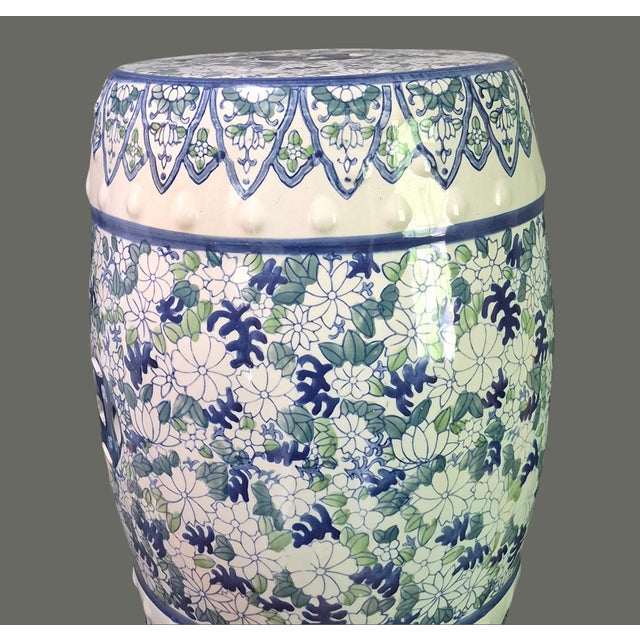 Late 20th Century Vintage Asian Ceramic Blue-White-Green Floral Garden Stool For Sale - Image 5 of 9