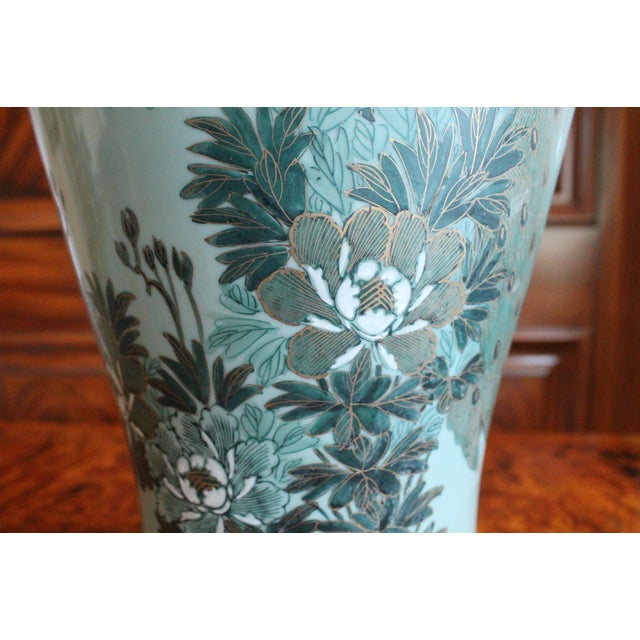 Large Japanese Celadon Blue and Gilt Peacock Vase Adapted Into a Lamp For Sale - Image 11 of 16