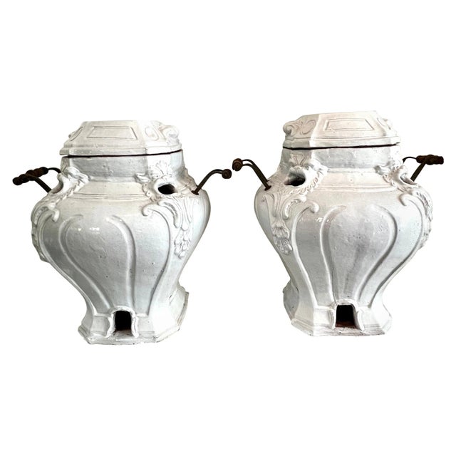 Glazed Terracotta Garden Urns or Jardinieres with Metal and Wood Handles - A Pair For Sale - Image 13 of 13