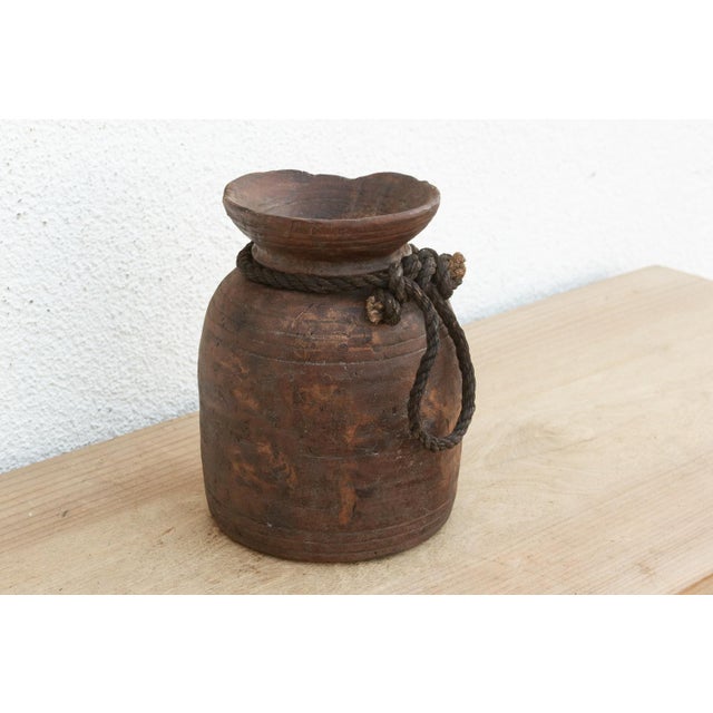 Rustic Petite Wooden Vessel With Rope For Sale - Image 4 of 6