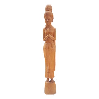 Vintage Wooden Carved Thai Woman Wai, 1970s For Sale