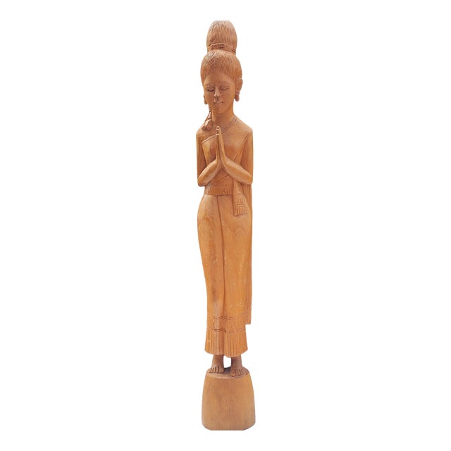 Vintage Wooden Carved Thai Woman Wai, 1970s For Sale
