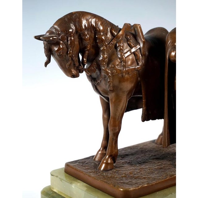 Metal Viennese Bronze Parsifal with Horse on Onyx Base attributed to Carl Kauba, 1900s For Sale - Image 7 of 12