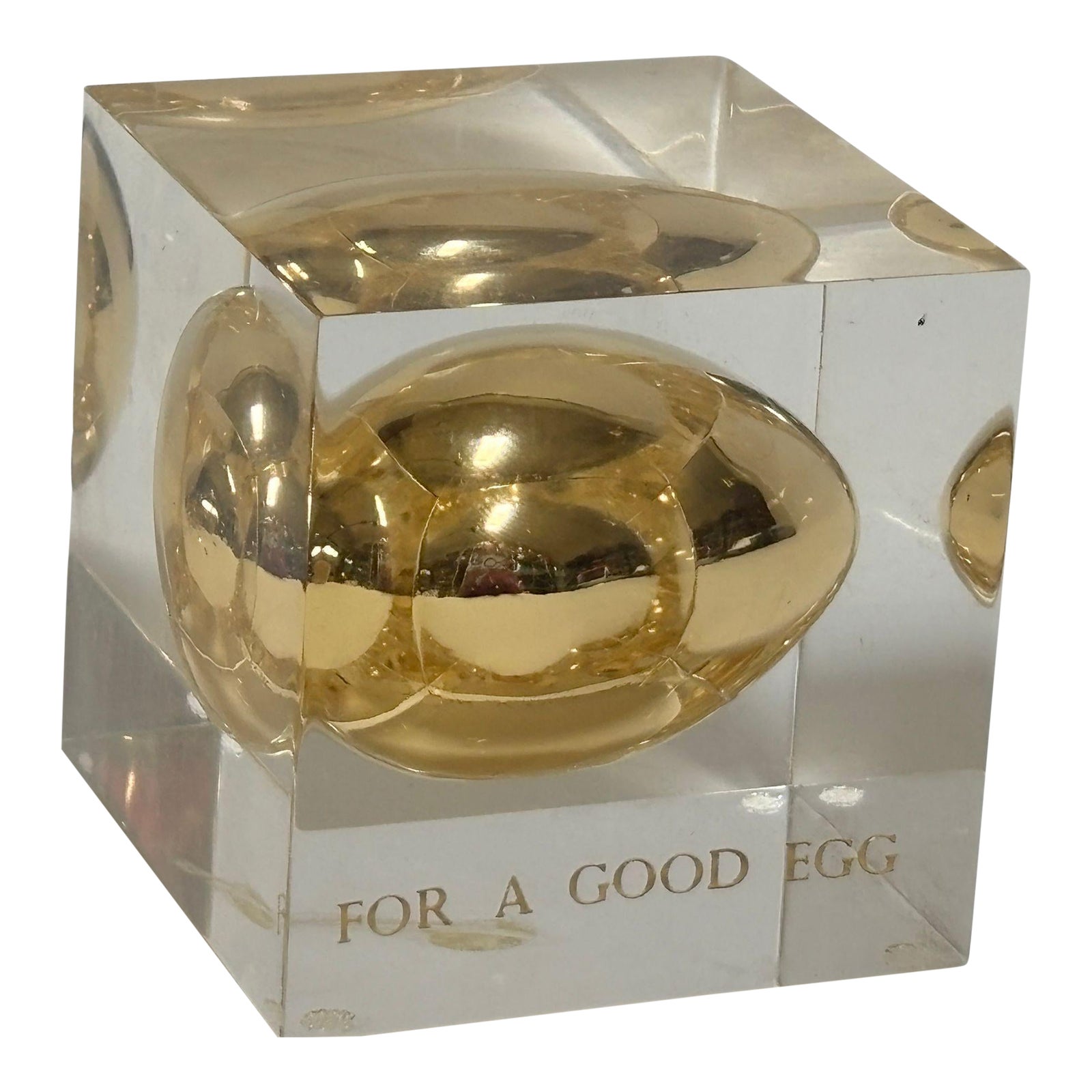 Postmodern Lucite “Golden Egg” Paperweight, “For a Good Egg,” Circa ...