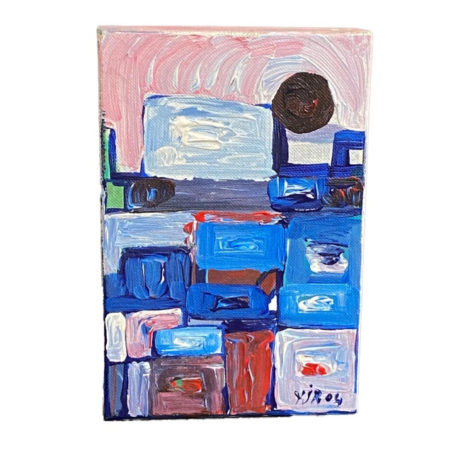 This one-of-a-kind artwork from 2004 features superb acrylic on cardboard box in an interlaced, geometric form, vibrantly...