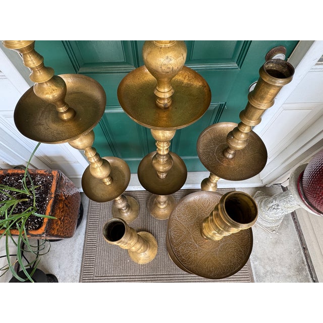 Vintage 1960s Moroccan Etched Brass Pillar Altar Floor Candle Stands = 5 Altars (35 Pieces) For Sale - Image 14 of 15