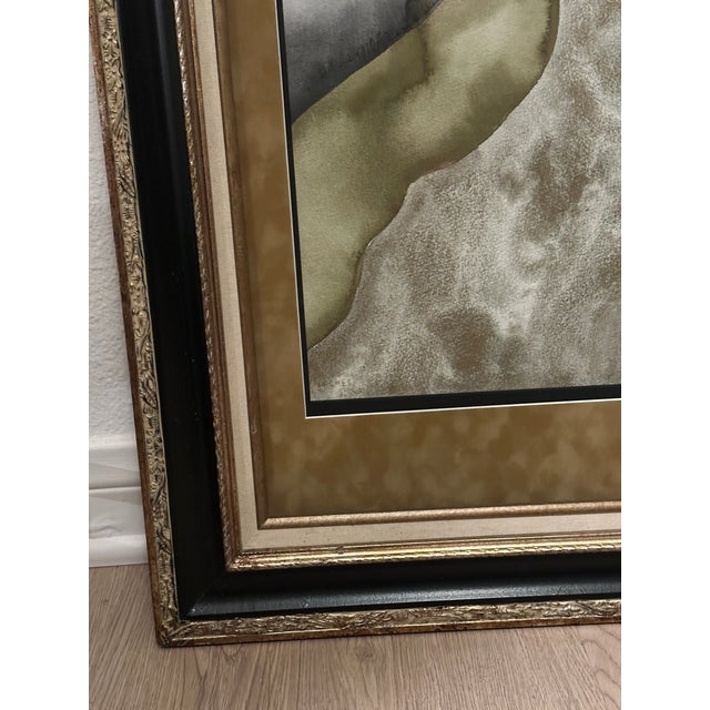 Original Watercolor Painting Art of a Woman’s Face with Black Hair, Framed Art by Tracey Quin Frame is black and a muted...