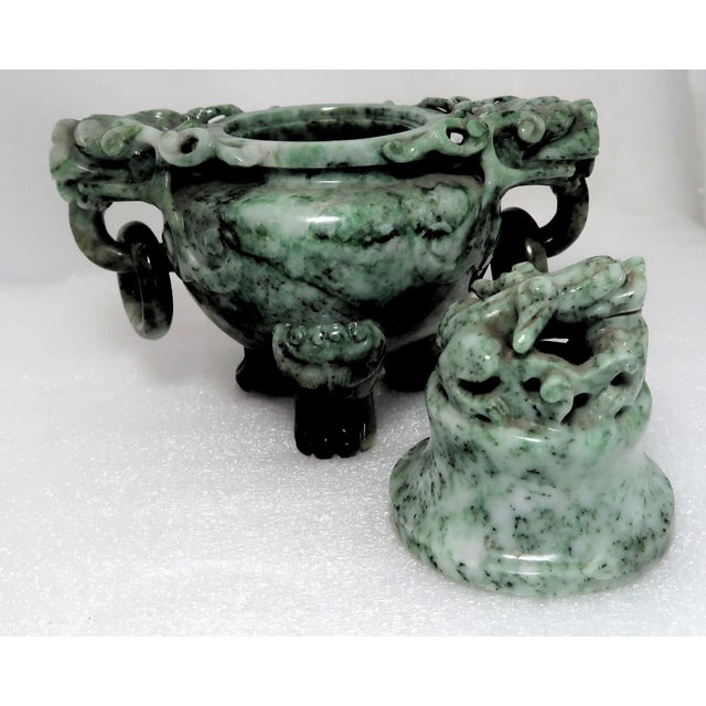 Mid 20th Century Vintage Chinese Jade Incense Burner, Covered, With Tripod Feet, Foo Dog Finial and Dragon Head Loose Ring Handles For Sale - Image 5 of 16