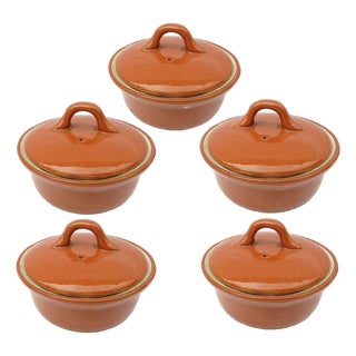 Vintage Glazed Terracotta Ramekins With Lids, Set of 5 For Sale