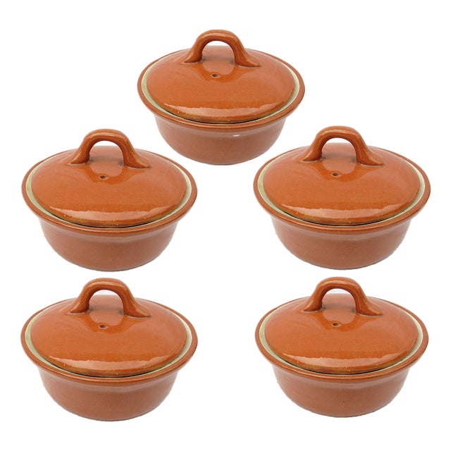 Vintage Glazed Terracotta Ramekins With Lids, Set of 5 For Sale