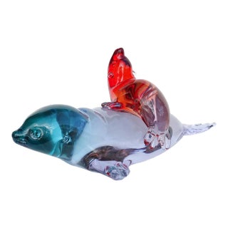 Vintage Murano Seguso Vetri d'Arte Sommerso Red Aqua Blue Purple Italian Art Glass Mom Baby Seals Sculpture For Sale