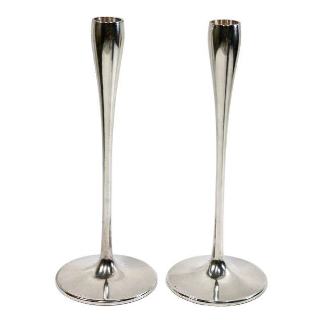 Mid Century Modern Silver-Plated Jens Quistgaard for Dansk Tulip Taper Candlesticks-a Pair For Sale