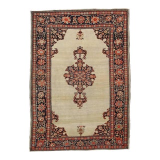 Antique Farahan Sarouk Rug, Handmade Oriental Rug, Ivory, Red, Navy, VERY FINE For Sale