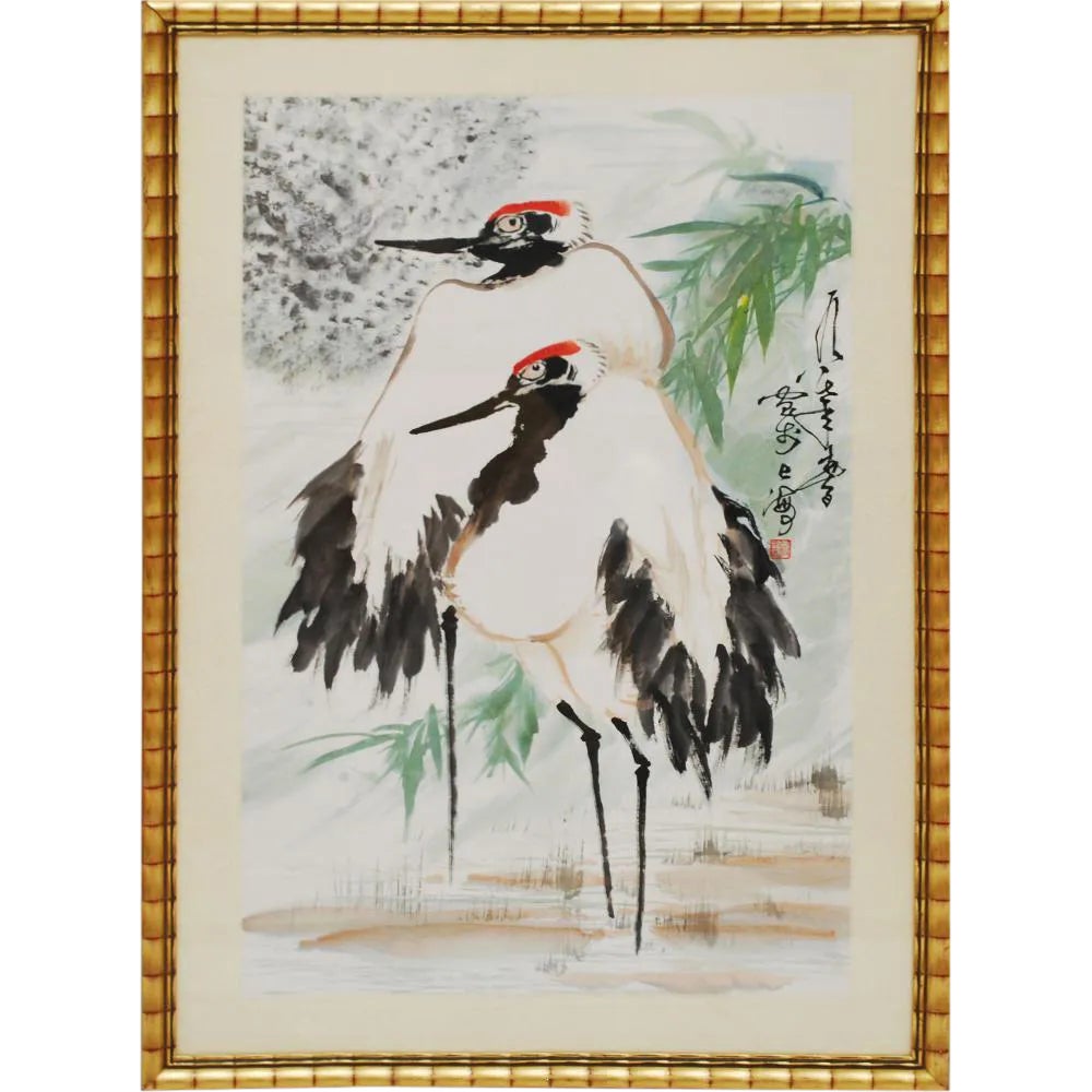 Large MidCentury Japanese RedCrowned Cranes Watercolor Painting