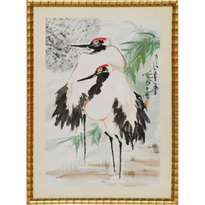 Large Mid-Century Red-Crowned Cranes Watercolor Painting