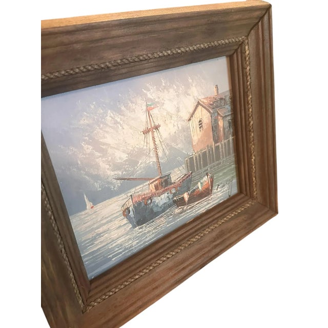 A captivating vintage oil on board painting depicting a lively harbor scene, signed by the artist Markey. The work...