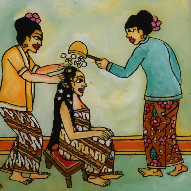 Asian Framed Indonesian Siraman Ritual Reverse Glass Painting For Sale - Image 3 of 11