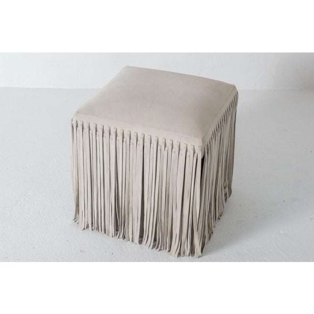 Mod Square Suede Ottoman by Made Goods, Off-White with Fringe, India For Sale - Image 11 of 13