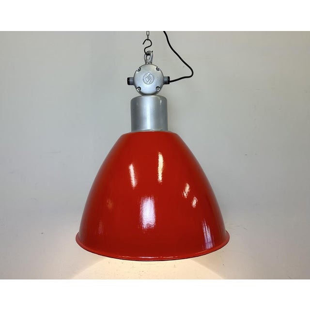 Large Industrial Red Painted Factory Lamp from Elektrosvit, 1960s For Sale - Image 13 of 16