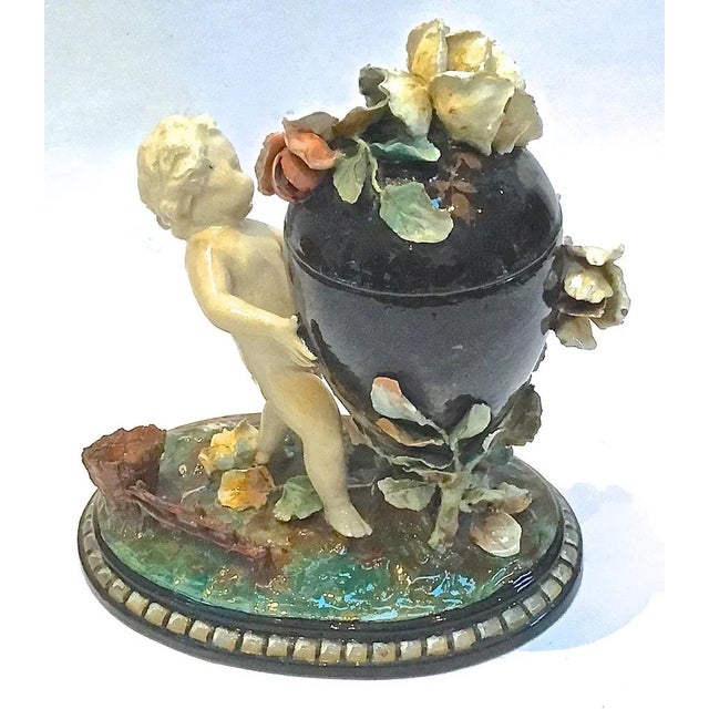 Mid 19th Century Antique French Barbotine Majolica Cherub & Floral Urn Jar For Sale - Image 5 of 11