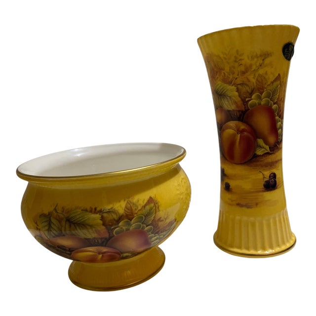 1960s Aynsley “Orchard Gold” Fine Bone China Vase and Footed Bowl For Sale