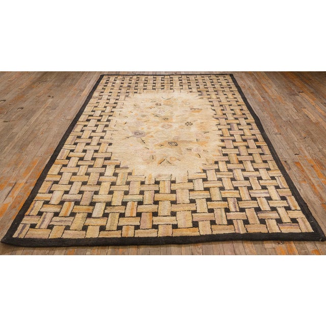 Textile American Hooked Wool Allover Floral 1880s Antique Beige Folk Art Carpet Rug For Sale - Image 7 of 10