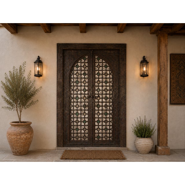 Antique Indian Teakwood and Painted Iron Compound Door, from Rajasthan, c. 1880. The iron clad door panels with a...