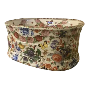 Antique 19th Century English Porcelain Cachepot Decorated with Flowers, Birds & Butterflies