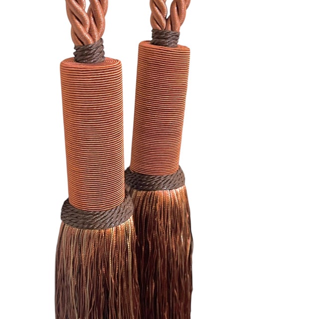 Pair vintage tassel drapery Tiebacks in terracotta and chocolate brown with gold accents. Sourced in France. Length tied...