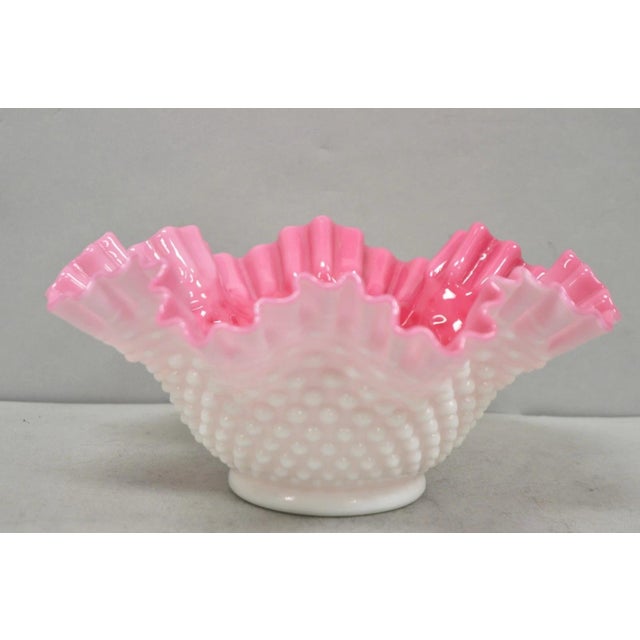 Victorian Vintage Pink & White Hobnail Cased Glass Candy Dish Ruffled Bowl Brides Basket For Sale - Image 3 of 12