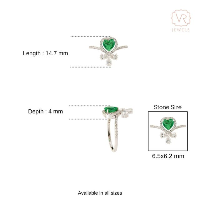 Heart Emerald and Diamond Statement Cocktail Ring in 18k Gold Size 6.5 For Sale - Image 14 of 18