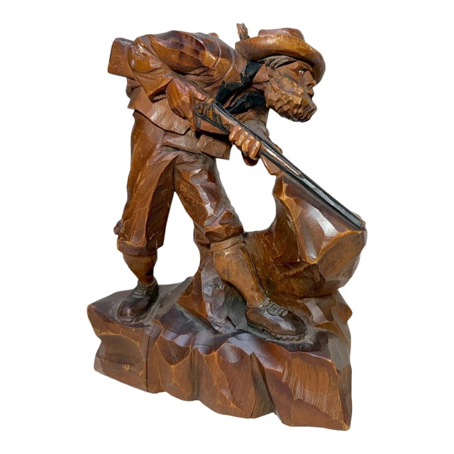 Share Antique Hand Carved Wood Folk Art Hunting Man With Rifle Sculpture Statue Figure For Sale