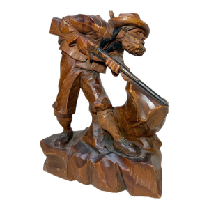 Share Antique Hand Carved Wood Folk Art Hunting Man With Rifle Sculpture Statue Figure