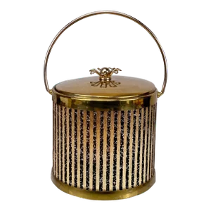 Mid-Century Atomic Gold Striped Round Barware Ice Bucket With Lid