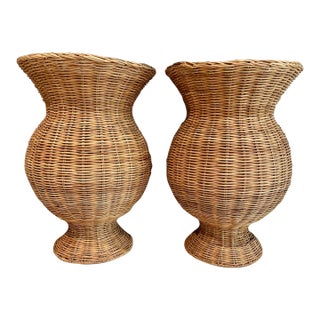 Rattan Jar Shaped Pedestals, Pair For Sale