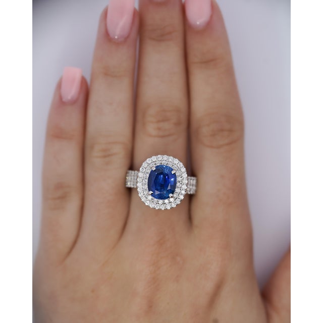 Blue 4.73 Carat Grs Certified Oval Blue Sapphire & Double Diamond Halo Ring Size 9 For Sale - Image 8 of 9