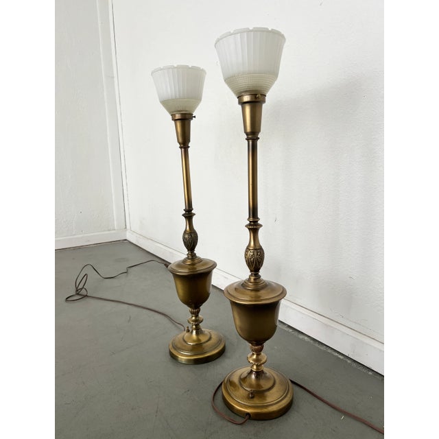 1970s Vintage Rembrandt-Style Brass Torchiere Table Lamps - Set of 2 For Sale - Image 5 of 8