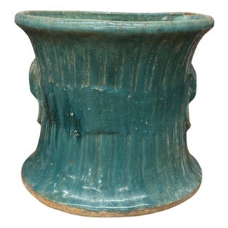 Green and Teal Glazed Planter with Drum Style Form For Sale